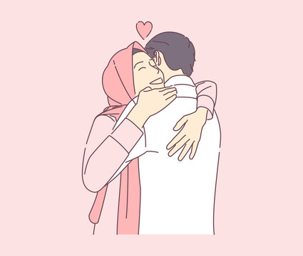 a beautiful muslim woman hugging a man with happy smile vector hand drawn illustration can use for landing page template ui web homepage poster banner flyer