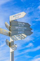 White metal signpost with names of capital cities at the summit of Tahtali mountain. Kemer, Turkey