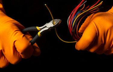 Hands of the master in gloves hold wire cutters and wire closeup on black background. Electronics...