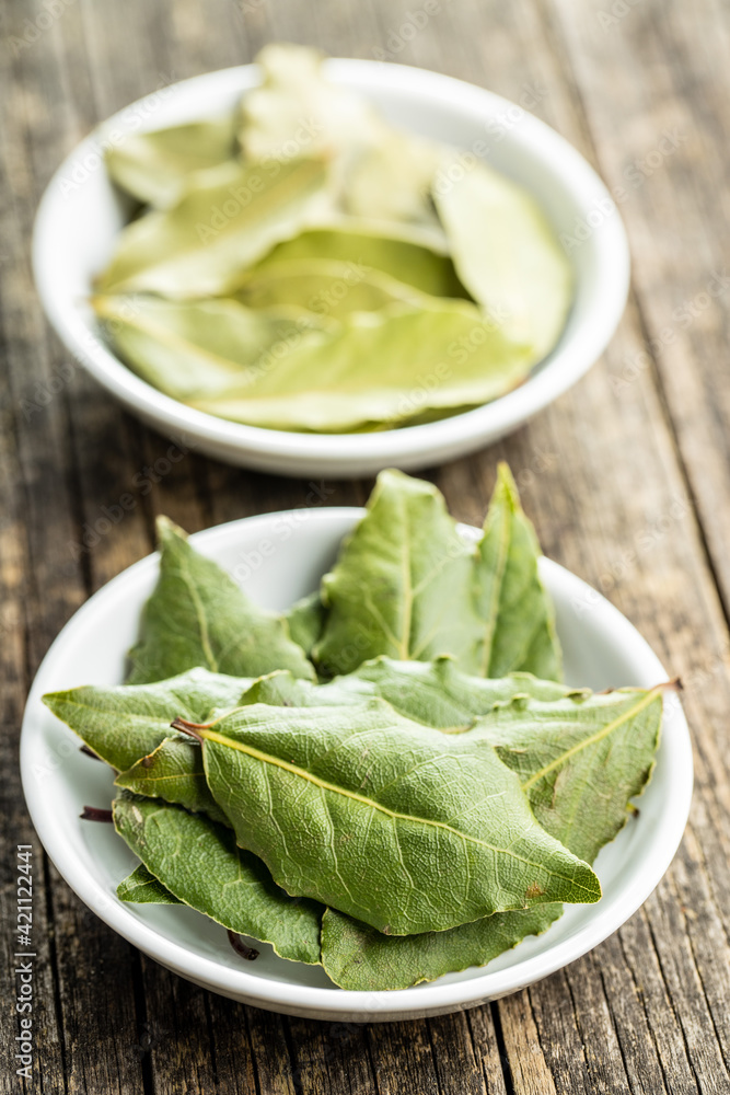 Wall mural Fresh green bay leaves in bowl.