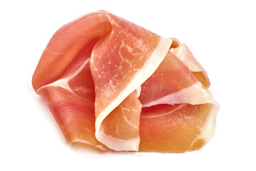Italian prosciutto crudo or spanish jamon. Jerked meat, isolated on white background. High resolution image