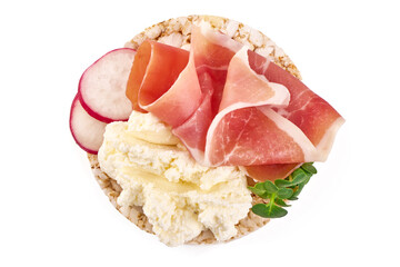 Rice cakes with cream cheese and jamon, isolated on white background. High resolution image