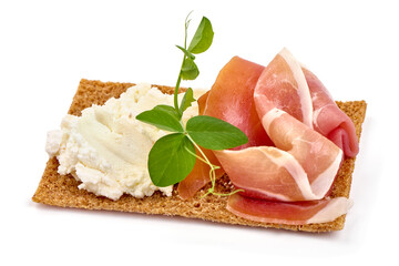 Sandwich with cream cheese and jamon, close-up, isolated on white background