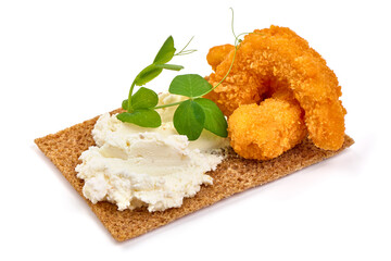 Sandwich with shrimps in breadcrumbs and cream cheese, isolated on white background. High resolution image