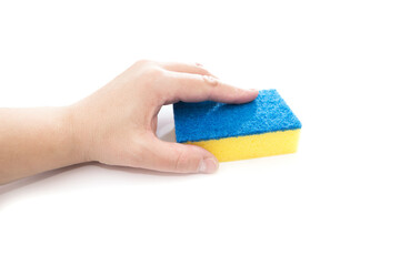 Woman hand holding cleansing sponge isolated on white