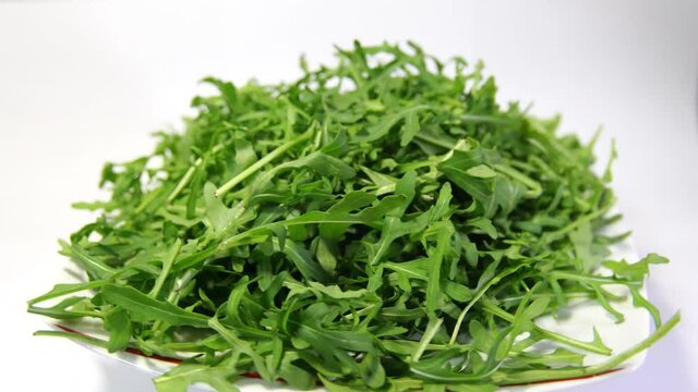arugula leaves rotating 360 top view.Fresh arugula