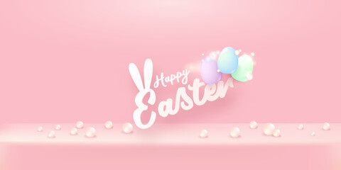 Happy Easter bright pink horizontal banner with soft 3d realistic egg on pastel pink background. Soft clay 3d style happy easter concept vector illustration. Happy easter background