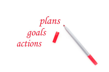 goals, plans, actions text on white.