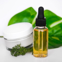 Organic beauty products, skincare concept. Cosmetics containers mockup. Cream jar and serum container with pipette.