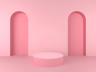 Abstract minimal geometric background; simple clean arched design with podium; minimalist mockup; primitive light pink shapes; wall niche; blank space; art deco display; 3d rendering, 3d illustration