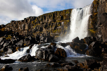 Öxararfoss waterfall in Almannagjá Canyon, Thingvellir, Golden Circle, Iceland