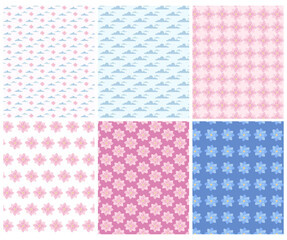 Vector set of patterns and backgrounds with blossom flowers. Summer and spring.Cloud.For printing on textiles, wallpaper, covers, web, wrapping paper, banners, poster, wedding invitations