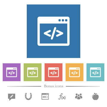 Programming code in software window flat white icons in square backgrounds