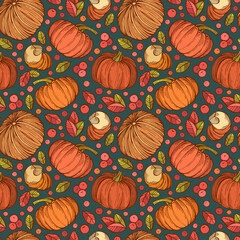 Hand-drawn colorful seamless pattern with berries, leaves and pumpkins on dark background. Can be used for gift paper, textile, autumn greeting cards, wallpaper, pattern fill. Vector illustration