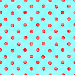 Polka dot watercolor seamless pattern. Abstract watercolour red color circles on green background