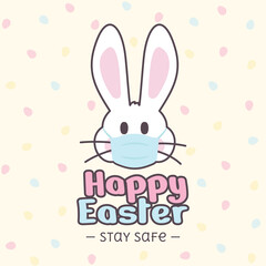 Obraz na płótnie Canvas Happy Easter stay safe post card with cute white bunny rabbit wearing a face mask in a colorful eggs background vector illustration