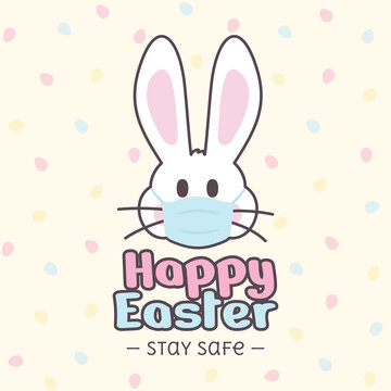 Happy Easter stay safe post card with cute white bunny rabbit wearing a face mask in a colorful eggs background vector illustration
