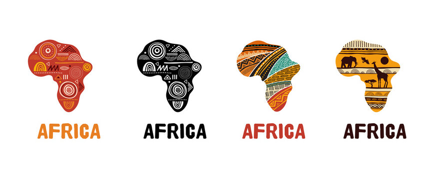 Africa patterned map, collection of logo design. Banner with tribal traditional grunge pattern, elements, concept design