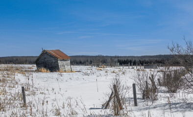 Aged abandoned barn in the farm during winter time.