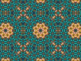 Wallpaper Geometric Seamless Ornament Abstract Pattern Green, Black, Blue, and Gold Yellow with Red Dots For print and Background. Geometric Tile Digital Paper.