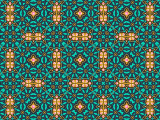 Wallpaper Geometric Seamless Ornament Abstract Pattern Green, Black, Blue, and Gold Yellow with Red Dots For print and Background. Geometric Tile Digital Paper.