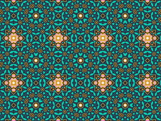 Wallpaper Geometric Seamless Ornament Abstract Pattern Green, Black, Blue, and Gold Yellow with Red Dots For print and Background. Geometric Tile Digital Paper.