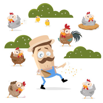 cartoon illustration of a farmer feeding his chickens