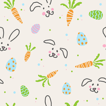Easter bunny and easter eggs hand drawn seamless pattern background vector illustration
