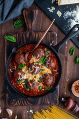 Top down view of saucy meatballs surrounded by Italian cuisine pasta ingredients.