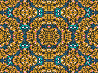 Obraz premium Wallpaper Geometric Seamless Ornament Abstract Pattern Green, Black, Blue, and Gold Yellow with Red Dots For print and Background. Geometric Tile Digital Paper.