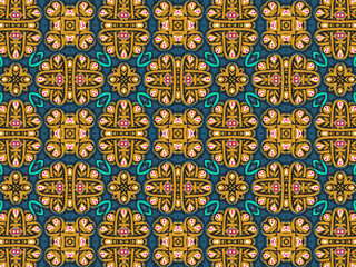 Wallpaper Geometric Seamless Ornament Abstract Pattern Green, Black, Blue, and Gold Yellow with Red Dots For print and Background. Geometric Tile Digital Paper.