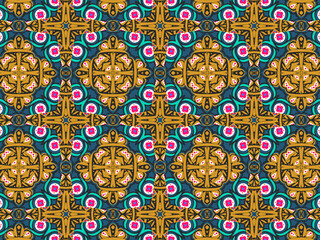 Wallpaper Geometric Seamless Ornament Abstract Pattern Green, Black, Blue, and Gold Yellow with Red Dots For print and Background. Geometric Tile Digital Paper.