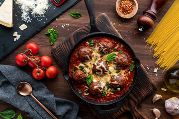 Top down view of a cast iron skillet filled with saucy meatballs topped with melted cheese and...