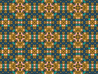 Wallpaper Geometric Seamless Ornament Abstract Pattern Green, Black, Blue, and Gold Yellow with Red Dots For print and Background. Geometric Tile Digital Paper.