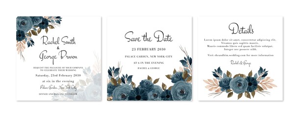 Beautiful indigo blue rustic floral wedding invitation set