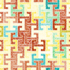 Seamless geometric embroidery pattern. Handmade, grunge texture. Bohemian print for home decor, carpets, pillows. Simple Scandinavian motifs. Vector illustration.