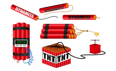 set of realistic dynamite with burning wick or realistic bomb firecrackers or red bomb  fireworks with burning fuse. eps 10 vector, easy to modify