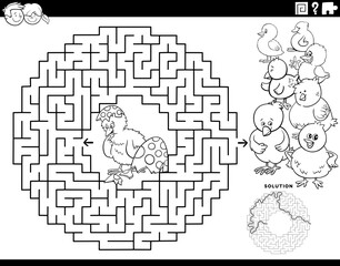 maze game with Easter chicks coloring book page