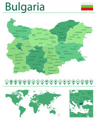 Bulgaria detailed map and flag. Bulgaria on world map.