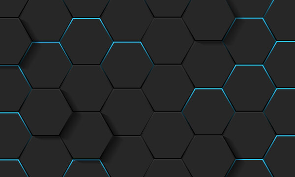 Black futuristic background with hexagon honeycomb and blue glow