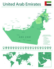 United Arab Emirates detailed map and flag. United Arab Emirates on world map.