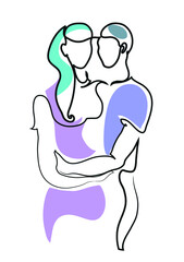 One line drawing of loving couple standing.
One continuous line drawing of happy couple.