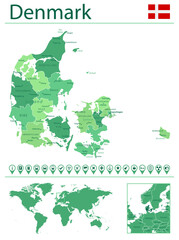 Denmark detailed map and flag. Denmark on world map.