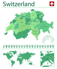 Switzerland detailed map and flag. Switzerland on world map.