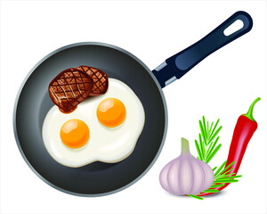 Overhead view above of delicious raw beef meat burger in a frying pan  with two fried eggs. Raw garlic, rosemary and red hot chili pepper. Vector illustration of cooking.