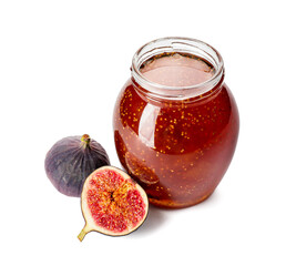Jar of sweet fig jam on white background