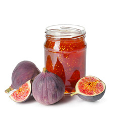 Jar of sweet fig jam on white background