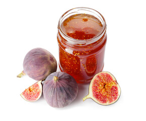 Jar of sweet fig jam on white background