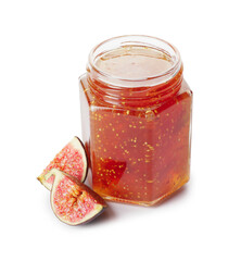 Jar of sweet fig jam on white background
