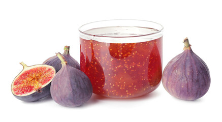 Bowl of sweet fig jam on white background